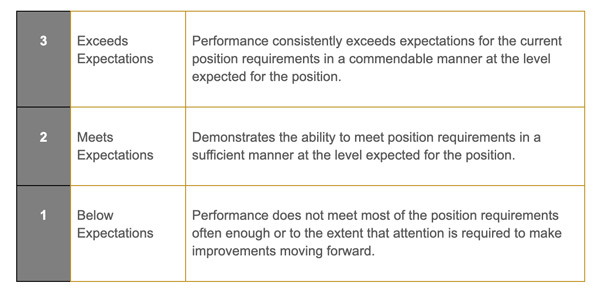 Table outlining TTC 3 point scale for performance management